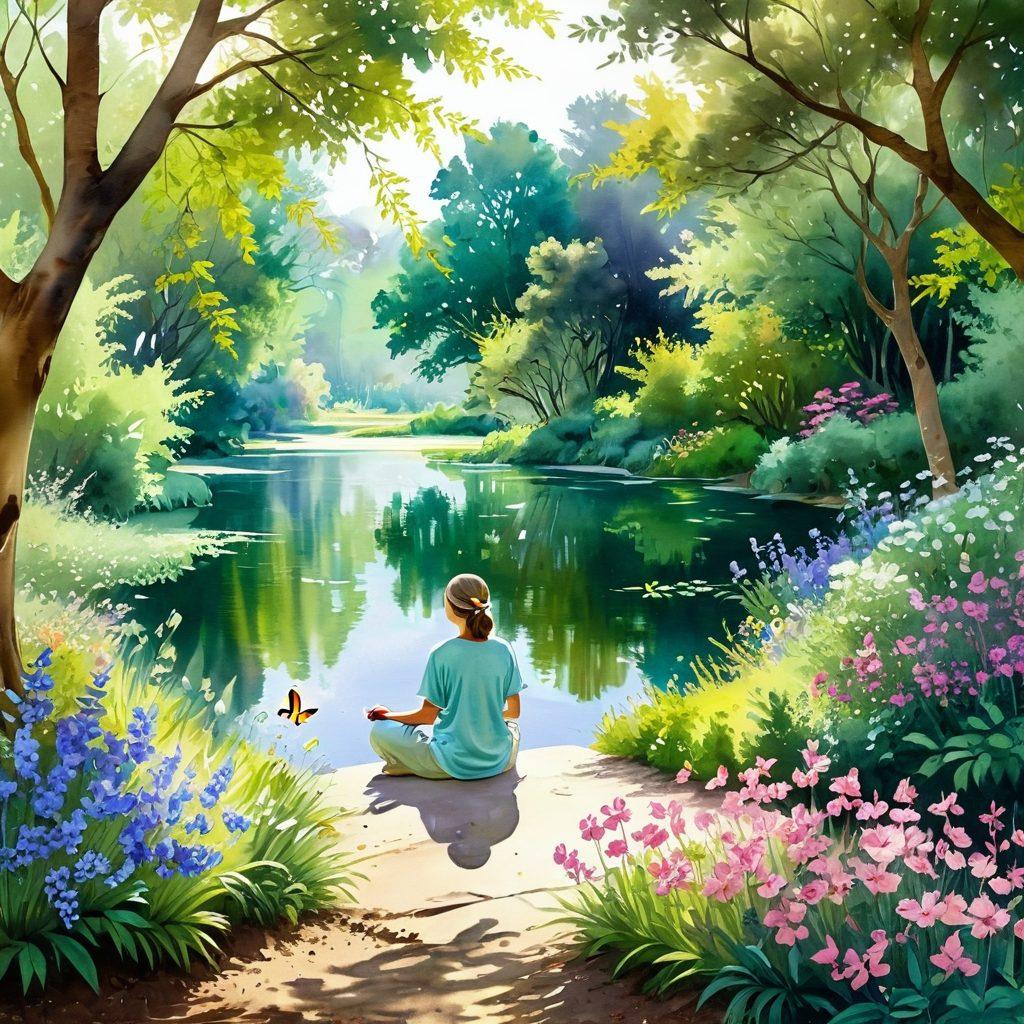 A serene landscape featuring a blooming garden filled with vibrant flowers, butterflies fluttering around, and a warm sunlight filtering through the trees. In the foreground, a person meditating peacefully with a gentle smile, embodying blissful tranquility. Soft colors create a calming atmosphere, evoking feelings of joy and contentment. watercolor painting. pastel colors. nature-inspired.
