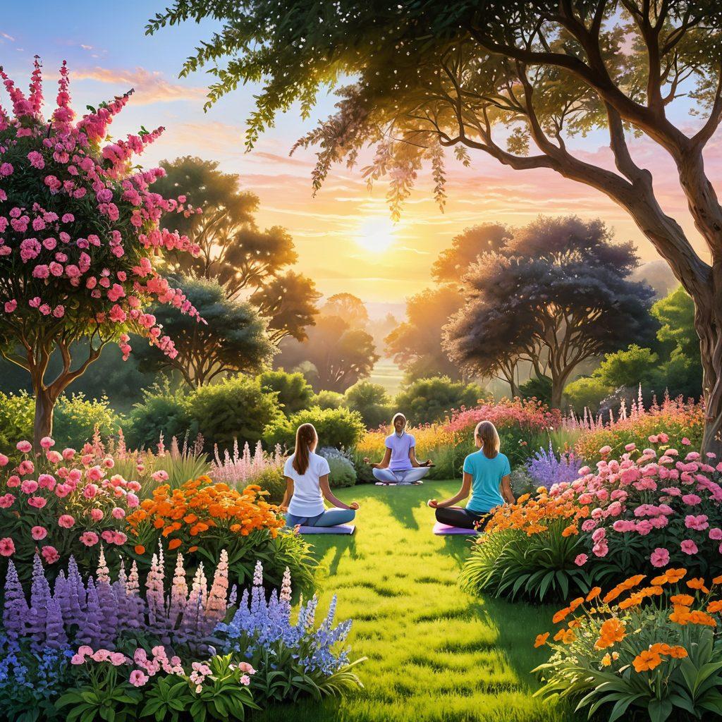 A serene landscape featuring a sunrise over a lush garden filled with blooming flowers and vibrant greenery, where a diverse group of people are joyfully engaging in uplifting activities like yoga, painting, and laughing together. Soft rays of sunlight illuminating their smiling faces, creating an atmosphere of bliss and warmth. The sky is painted in soft pastel hues of orange and pink. super-realistic. vibrant colors.