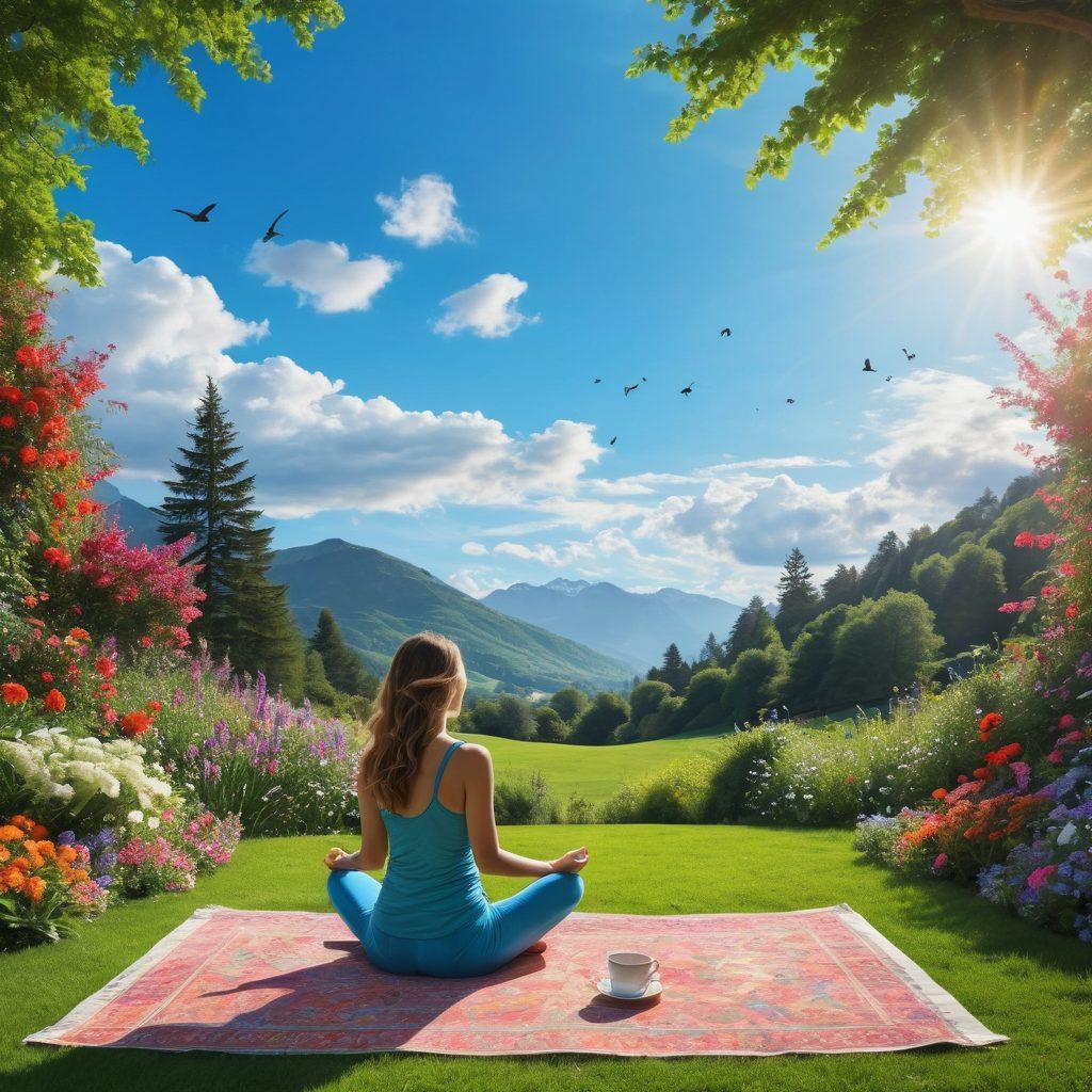 A bright and sunny morning scene depicting a person practicing mindfulness on a lush green lawn, surrounded by colorful flowers and chirping birds. Include elements like a journal and a cup of herbal tea nearby to symbolize reflection and contentment. The sky is a vibrant blue, symbolizing positivity and joy. super-realistic. vibrant colors. serene atmosphere.